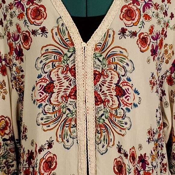 Bila Womens Duster Cardigan M/L Multicolor Floral Boho Kimono Gauze Flowy‎ - Picture 4 of 12